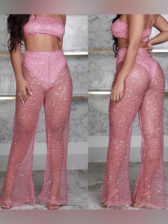 Pants - . Rose Pink Sheer Sequin Sleeveless Bandeau Crop Top & High Waist Palazzo Pants